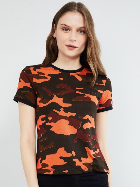 

max Women Orange & Brown Camo Printed Round Neck T-shirt