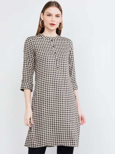 

max Women Grey & Black Checked Straight Kurta