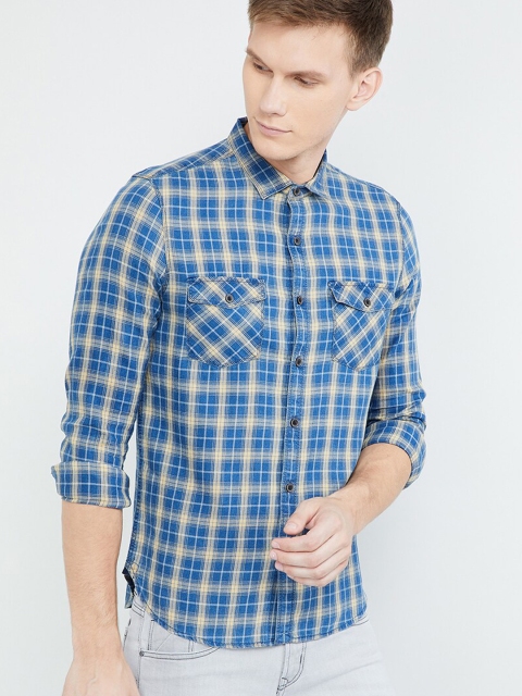 

max Men Blue & Grey Slim Fit Checked Casual Shirt