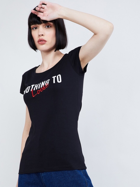 

max Women Black Printed Round Neck T-shirt