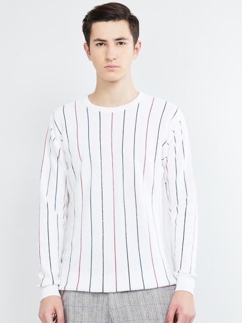 

max Men White & Green Striped Pullover Sweater