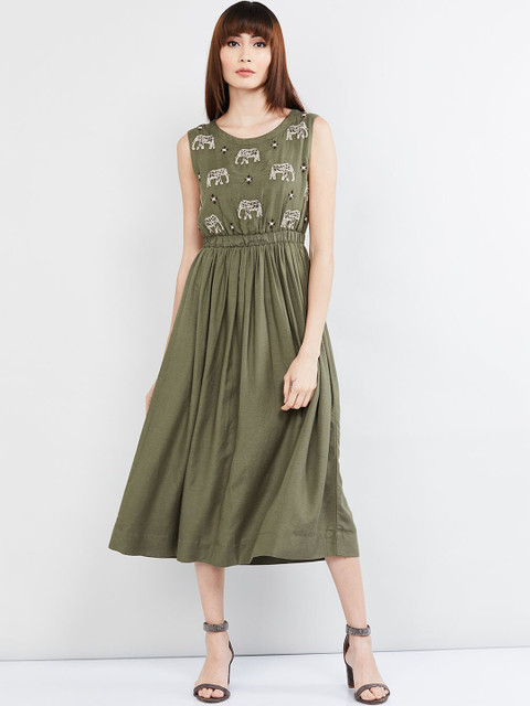 

max Women Olive Green Embroidered A-Line Dress