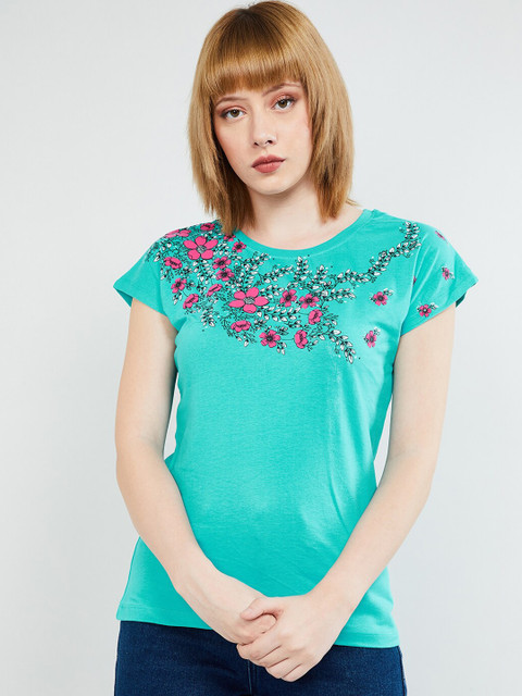 

max Women Sea Green Printed Round Neck T-shirt