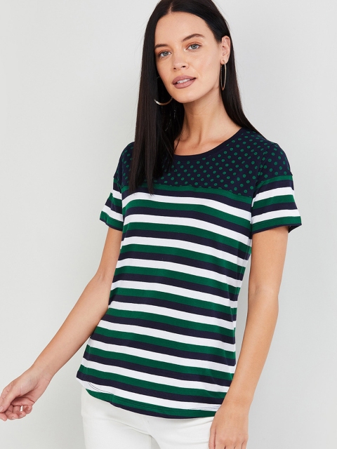 

max Women Green Striped Round Neck T-shirt