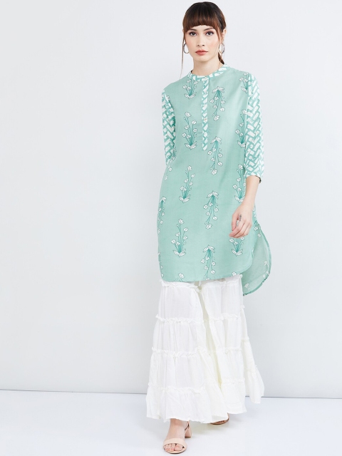 max Women Green & White Floral Printed Straight Kurta