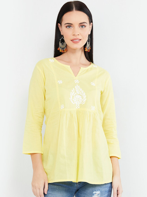 

max Women Yellow & White Embroidered Pure Cotton A-Line Kurti
