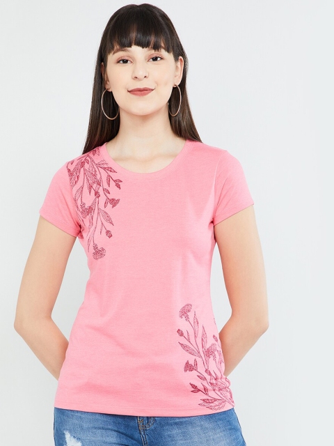 

max Women Pink Floral Print Round Neck T-shirt