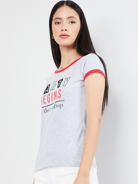 

max Women Grey Printed Round Neck T-shirt