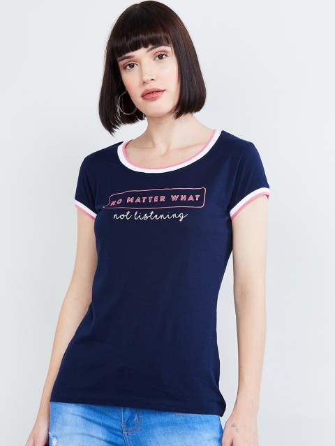 

max Women Navy Blue Printed Round Neck T-shirt