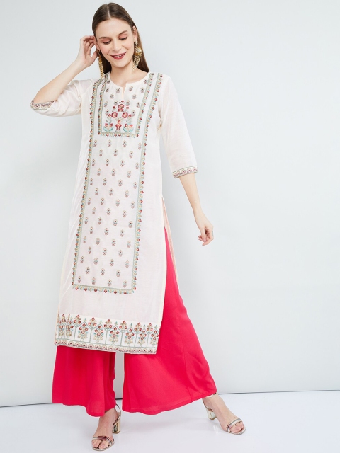 

max Women Off-White & Red Floral Embroidered Straight Kurta
