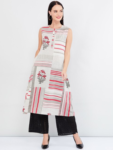 

max Women Off-White & Grey Printed A-Line Kurta