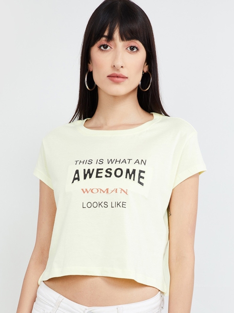 

max Women Yellow Printed Round Neck Crop T-shirt