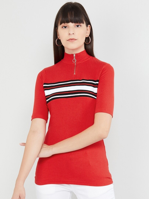 

max Women Red Striped High Neck T-shirt