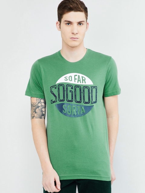 

max Men Green Printed Round Neck T-shirt