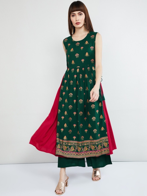 

max Women Green & Red Printed A-Line Kurta