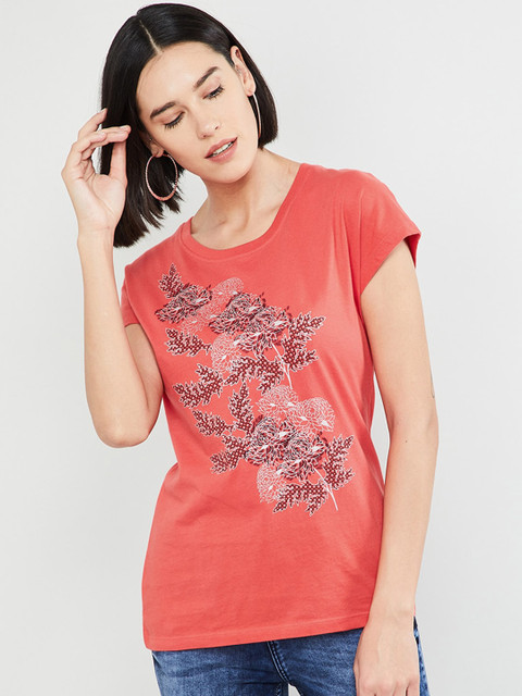

max Women Coral Red Printed Round Neck T-shirt