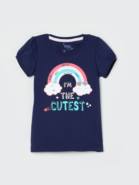 

max Girls Navy Blue Printed Round Neck T-shirt