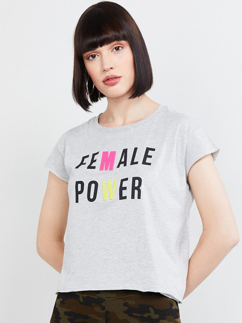 

max Women Grey Printed Round Neck T-shirt