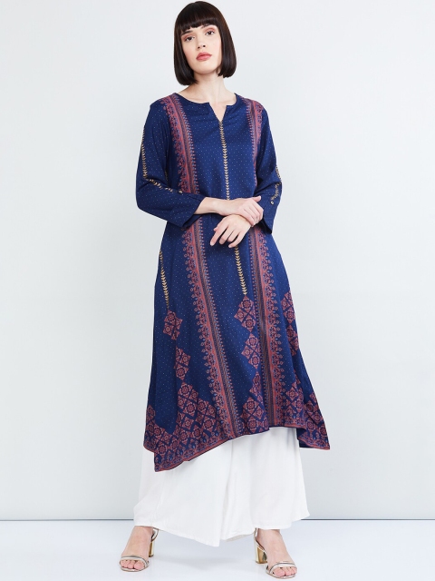 

max Women Navy Blue & Pink Printed A-Line Kurta