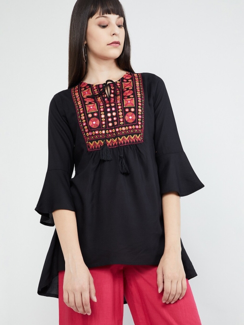 

max Women Black & Pink Embroidered A-line Kurti