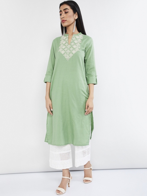 

max Women Green & Off-White Yoke Design Straight Kurta