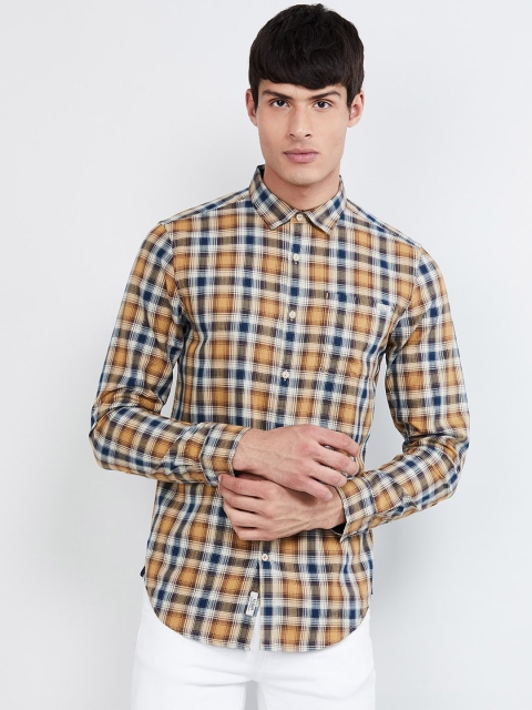 

max Men Mustard Yellow & Blue Slim Fit Checked Casual Shirt
