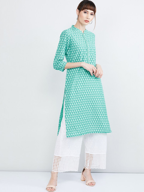 

max Women Turquoise Blue & White Printed Straight Kurta