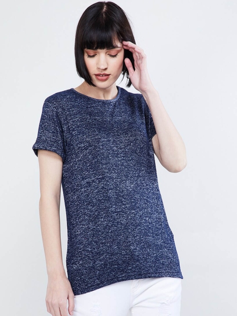 max Women Navy Blue Solid Round Neck T-shirt