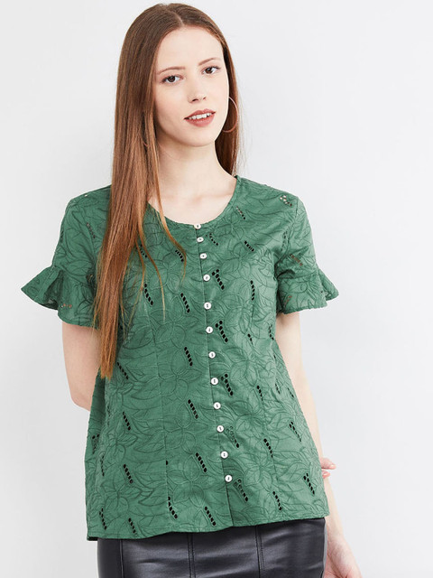 

max Women Green Floral Embroidered Pure Cotton Top