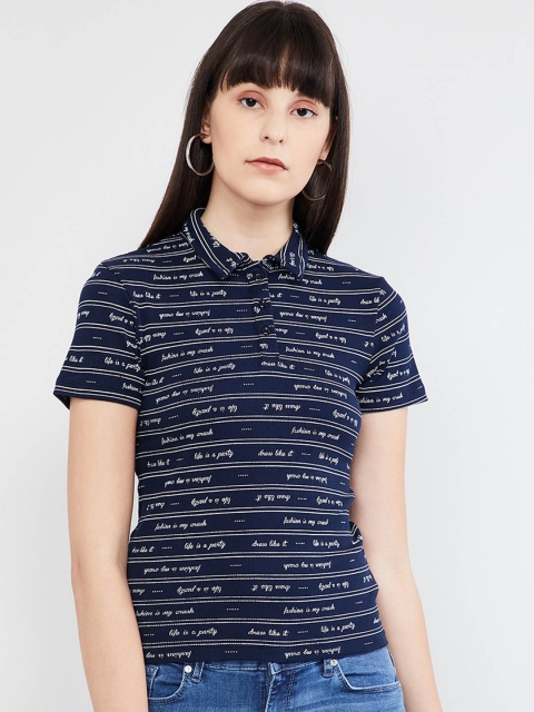 

max Women Navy Blue Printed Polo Collar T-shirt