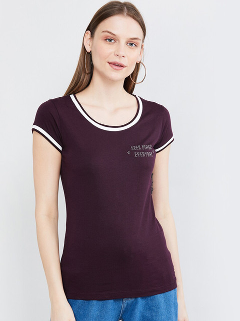 

max Women Purple Printed Round Neck T-shirt