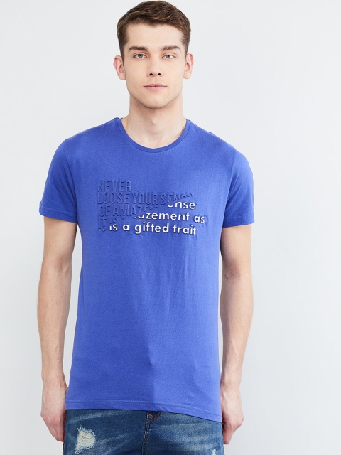 

max Men Blue Printed Round Neck T-shirt