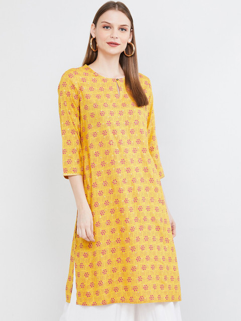 

max Women Mustard Yellow & Pink Floral Print Straight Kurta