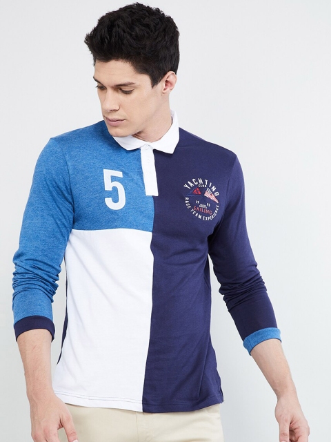 

max Men Navy Blue & Blue Colourblocked Polo Collar T-shirt