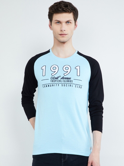 

max Men Turquoise Blue Printed Round Neck Slim Fit T-shirt