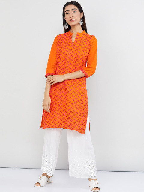 

max Women Orange & Pink Embroidered Straight Kurta