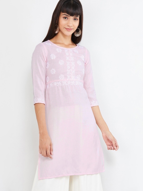 

max Women Pink & White Embroidered Straight Kurti