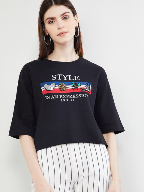 

max Women Black Printed Round Neck T-shirt