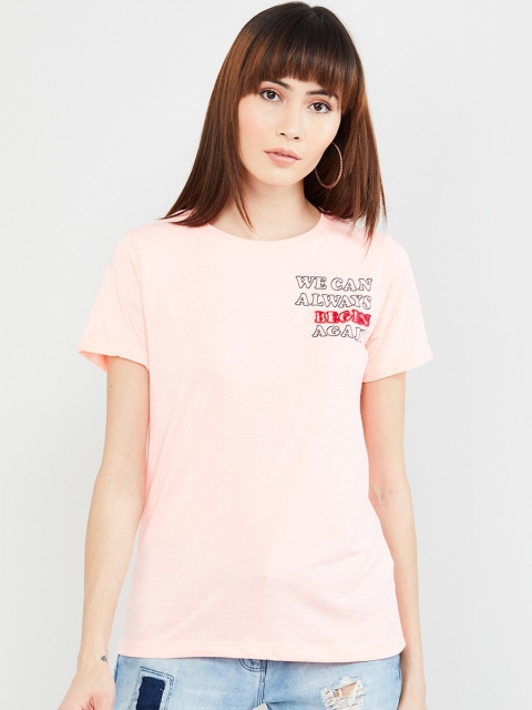 max Women Peach-Coloured Solid Round Neck T-shirt, Pink