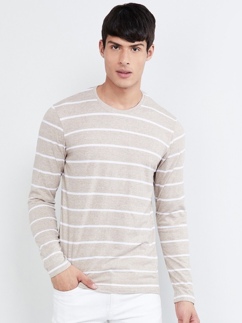 max Men Beige & White Striped Slim Fit Round Neck T-shirt