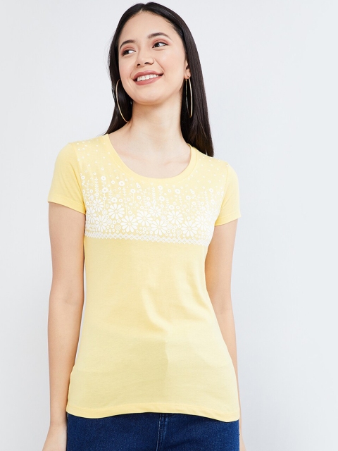 

max Women Yellow Printed Round Neck T-shirt