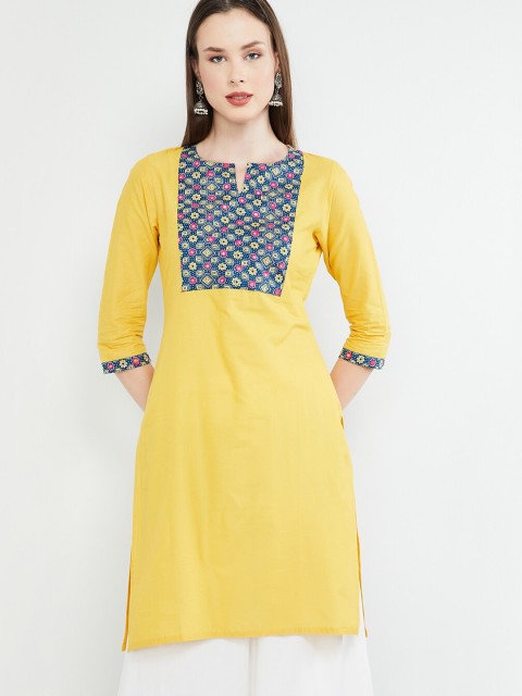 

max Women Mustard Yellow & Blue Yoke Design Straight Kurta