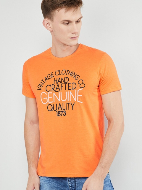 

max Men Orange Printed Round Neck T-shirt