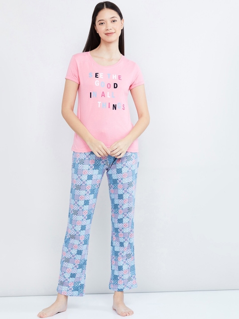 

max Women Pink & Blue Printed Night suit