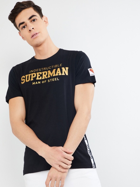 

max Men Black Printed Round Neck T-shirt