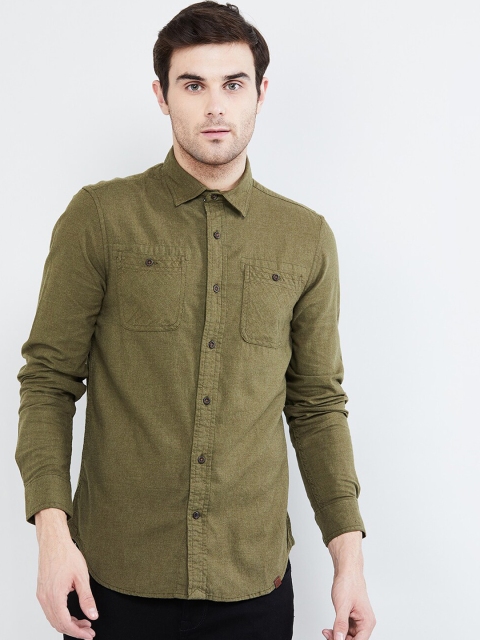 

max Men Olive Green Slim Fit Solid Casual Shirt