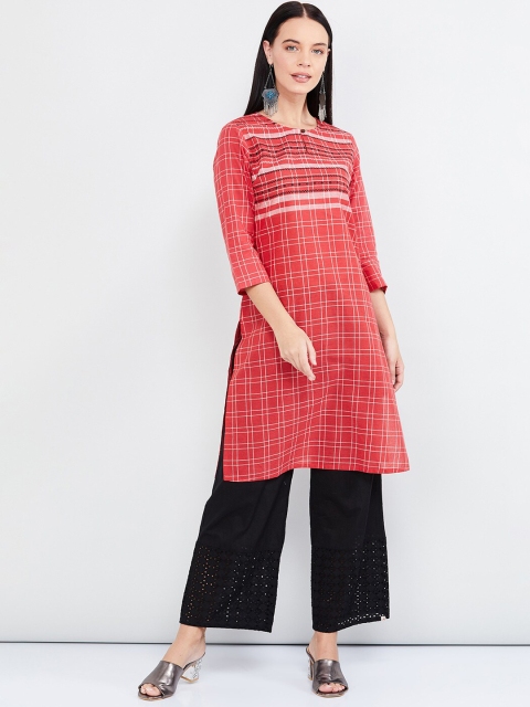 

max Women Red & White Checked Straight Kurta