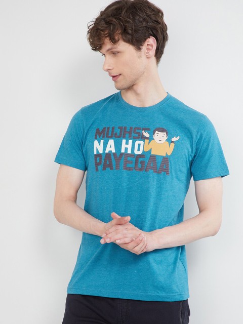 

max Men Blue & Grey Printed Round Neck Slim Fit T-shirt