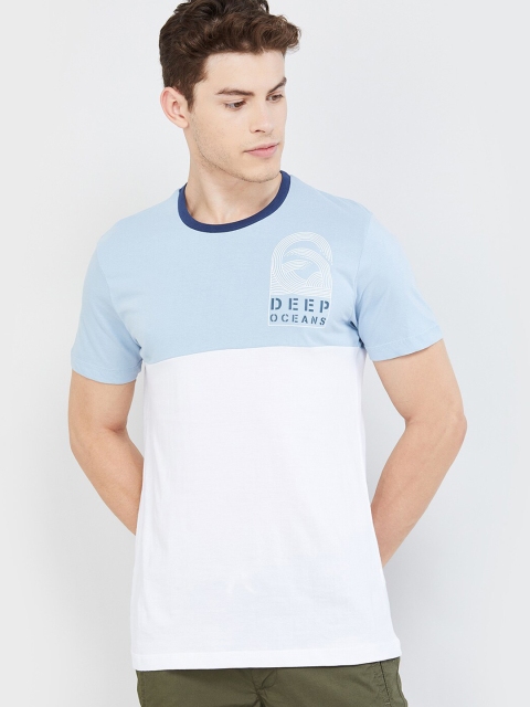 

max Men Blue & White Colourblocked Round Neck T-shirt