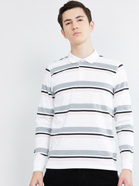 

max Men White & Grey Striped Polo Collar T-shirt